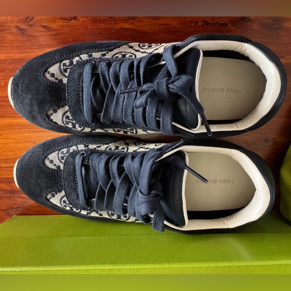 Tory Burch Field Sneakers Navy T Monogram Calf Leather Size 7 Dust bag box - Picture 5 of 11
